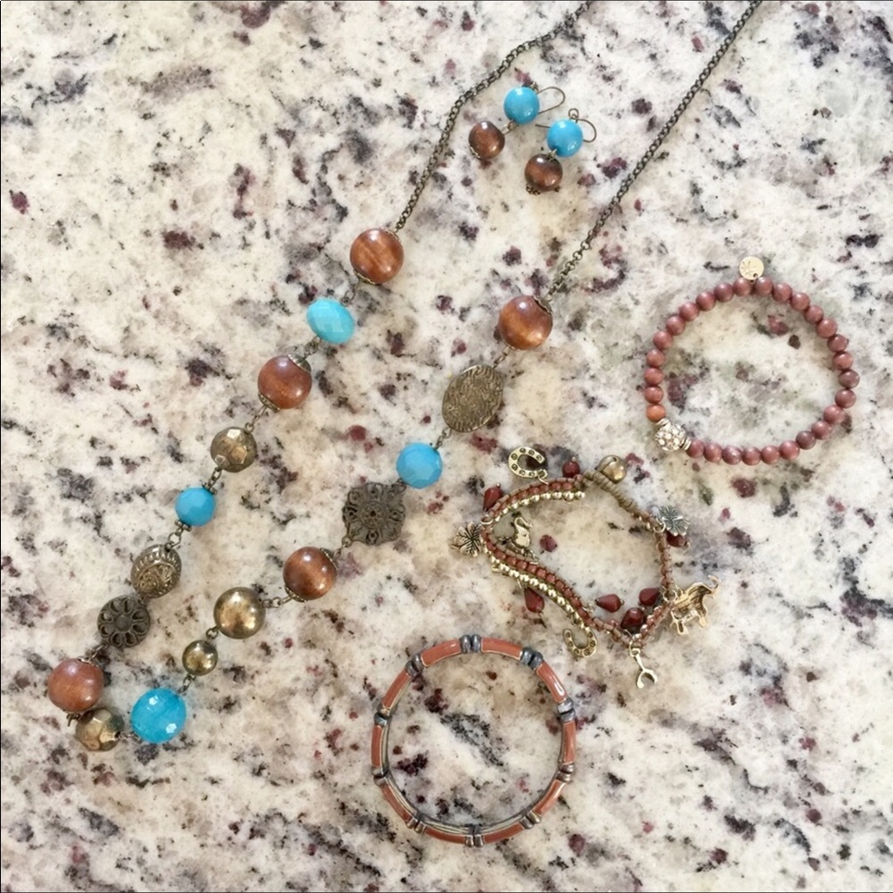 Bundle Necklace earrings bracelets Turquoise Brown - Picture 1 of 5